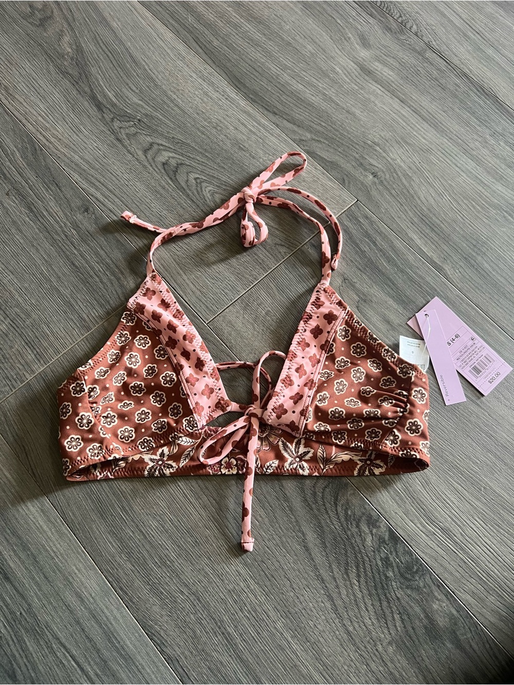 Target Brown and Pink Floral Reversible Bikini Top